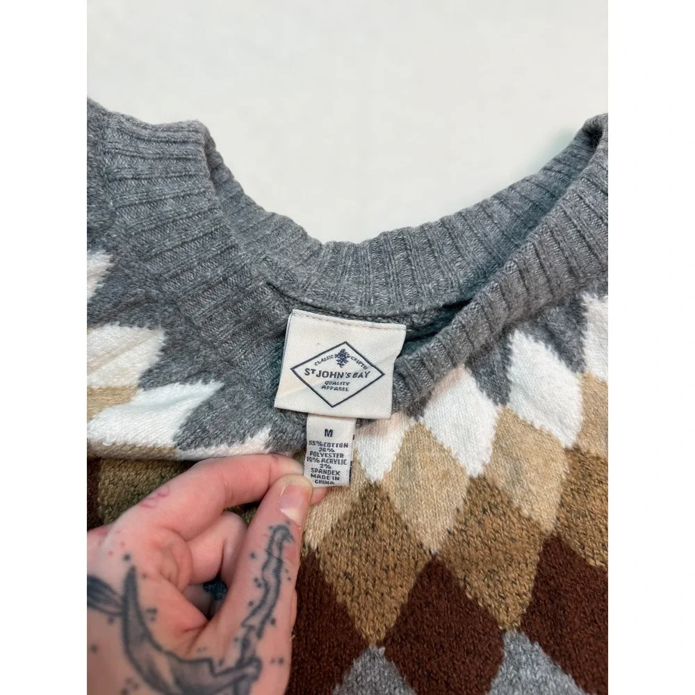 St.‎ Johns Bay Mens Grey Argyle Crewneck Sweater Cozy Preppy Fair Isle Winter